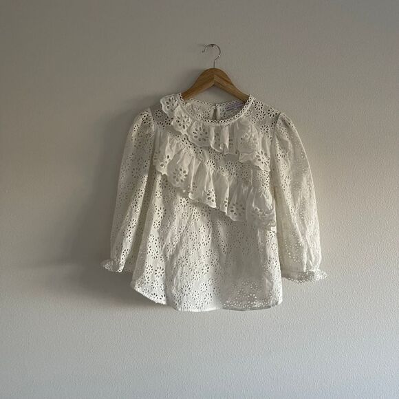 English Factory Eyelet‎ Asymmetric Ruffle Front Long Sleeve Cotton Top - Picture 1 of 11